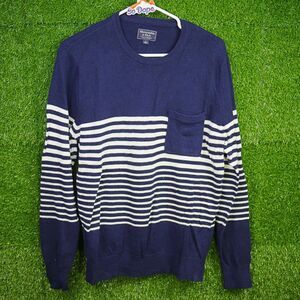 Abercrombie & Fitch Navy Blue and White Striped Pocket Crewneck - Men's Size L